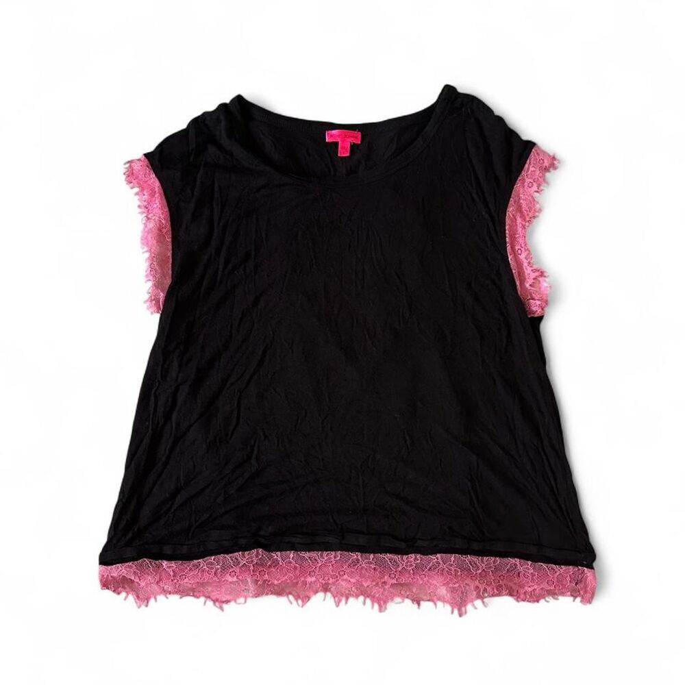 Vintage Y2K Black & Pink Lace Trim Cap Sleeve Top